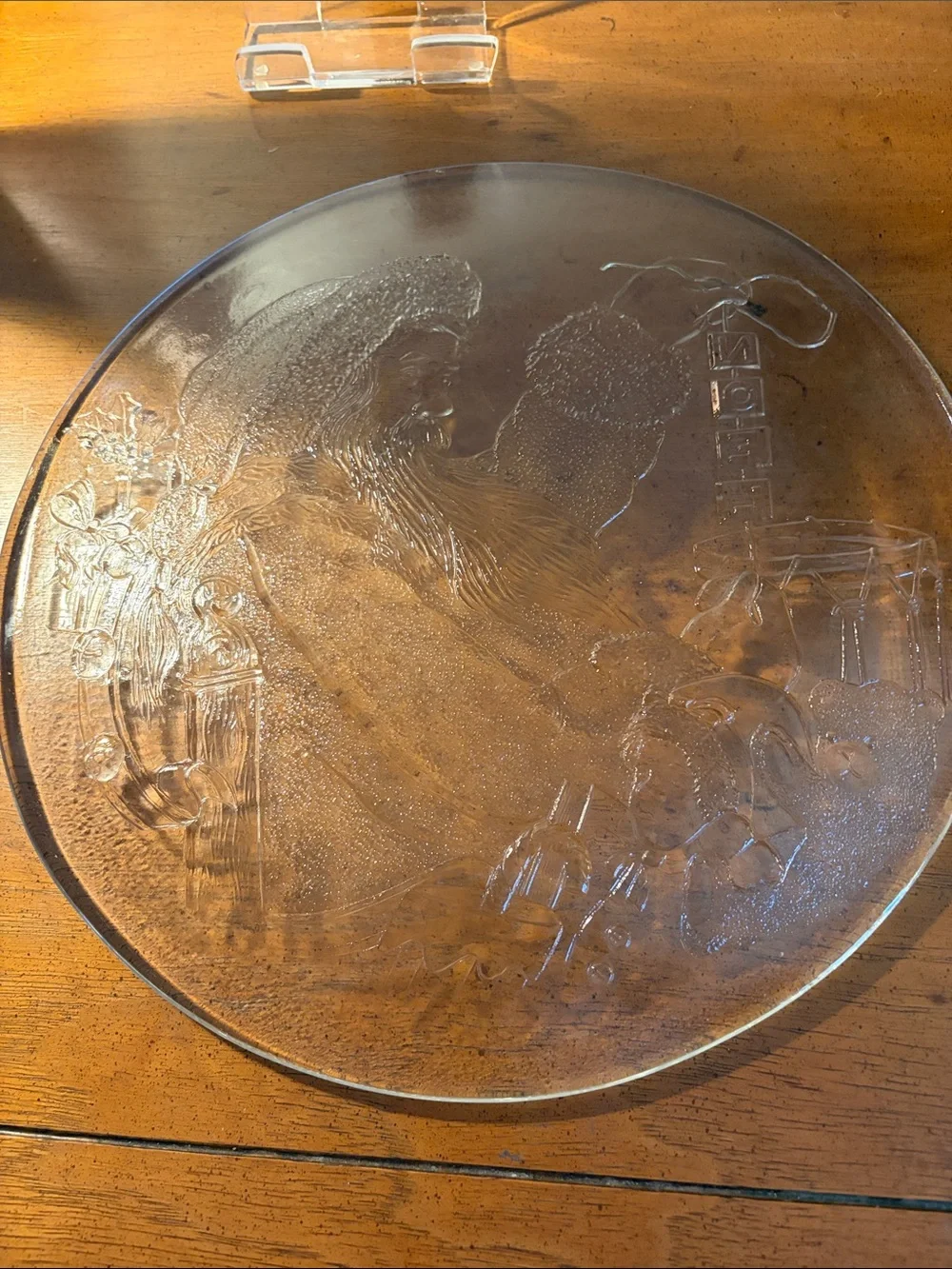 Vintage Libbey Clear Glass Embossed Santa Christmas Cookie Plate 13”
